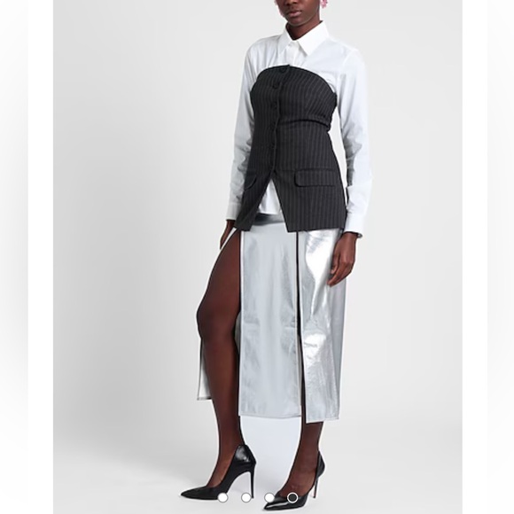 TOPSHOP DOUBLE SPLIT SILVER VINYL MAXI SKIRT - Picture 7 of 13